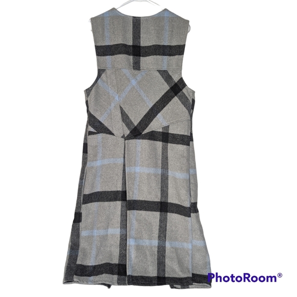 Favlux Long Plaid Vest Women's Size S Gray Blue Black Open Front With Pockets - Picture 4 of 11